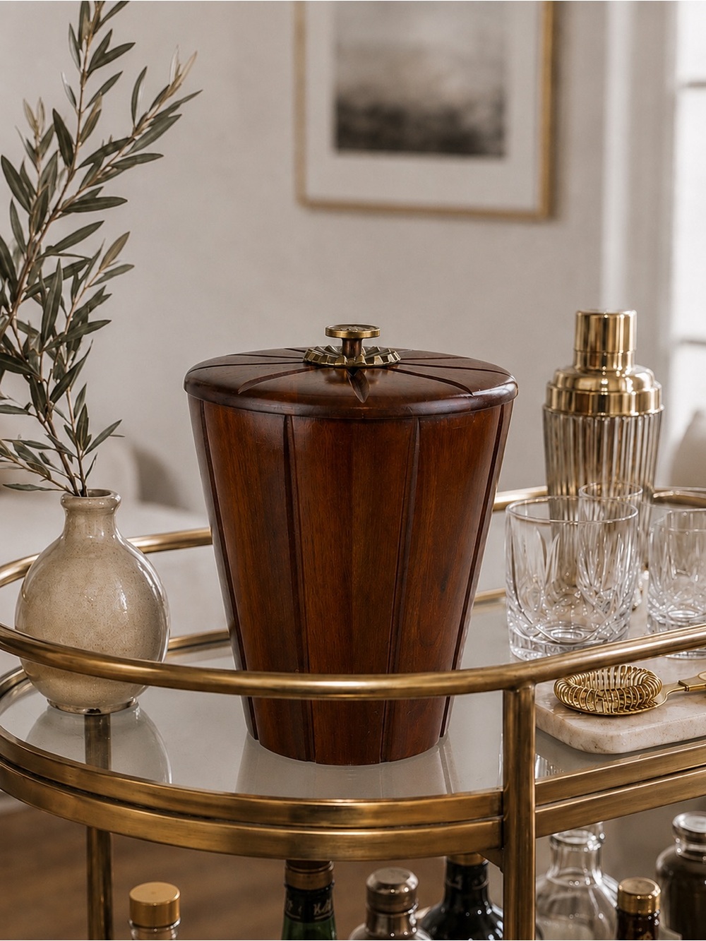 Vintage Mid Century Modern Wood Ice Bucket with Brass Accent